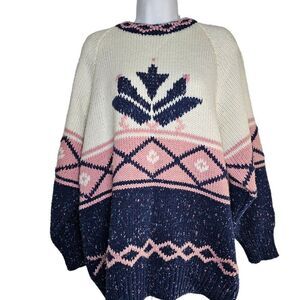 Vintage 80s Sweater Womens Size Large Pink Blue White Ski Knit Argyle Diamond